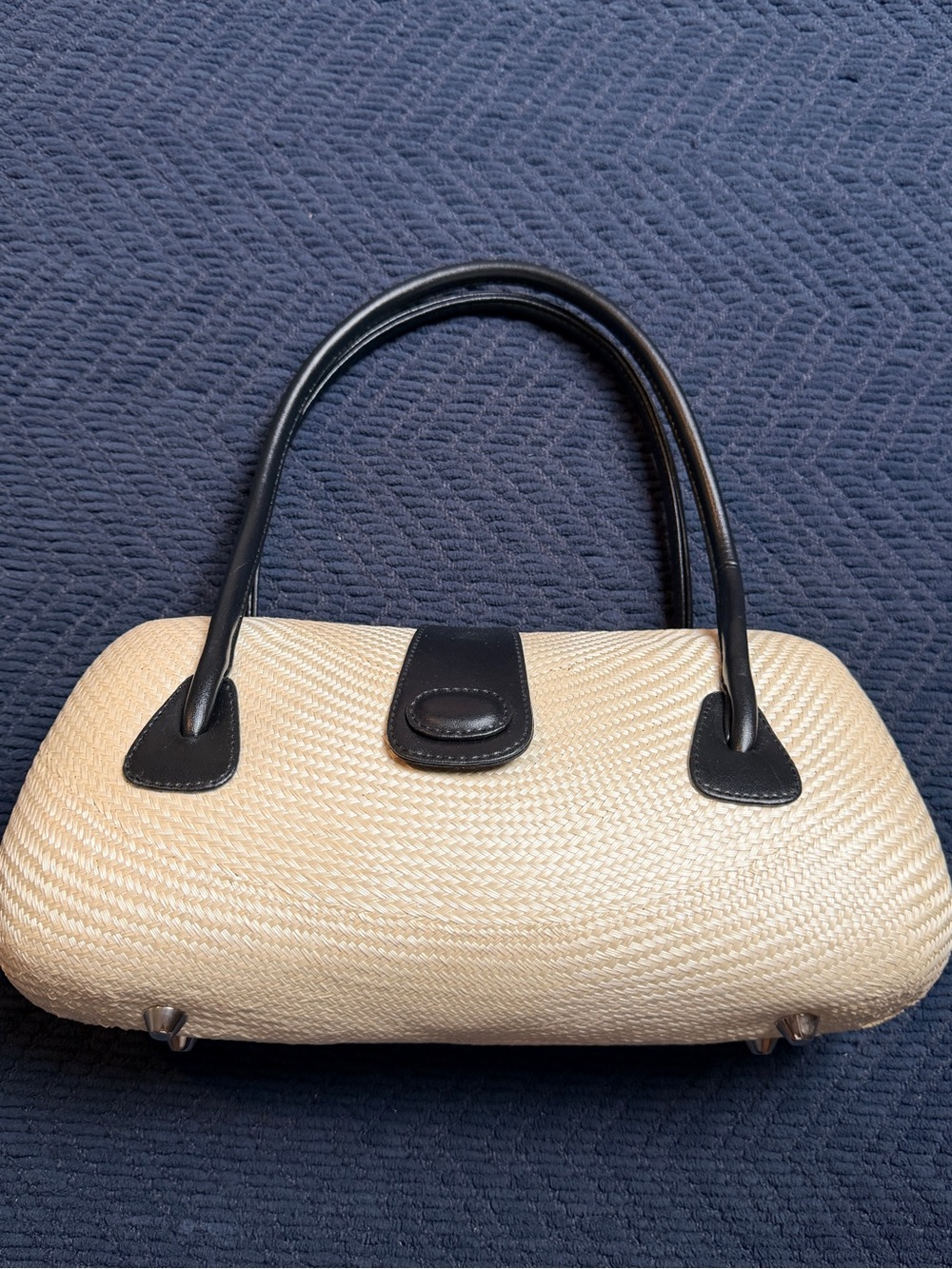 Vintage Le Sac Handmade Buntal Straw Barrel Bag Black Leather Trim Philippines